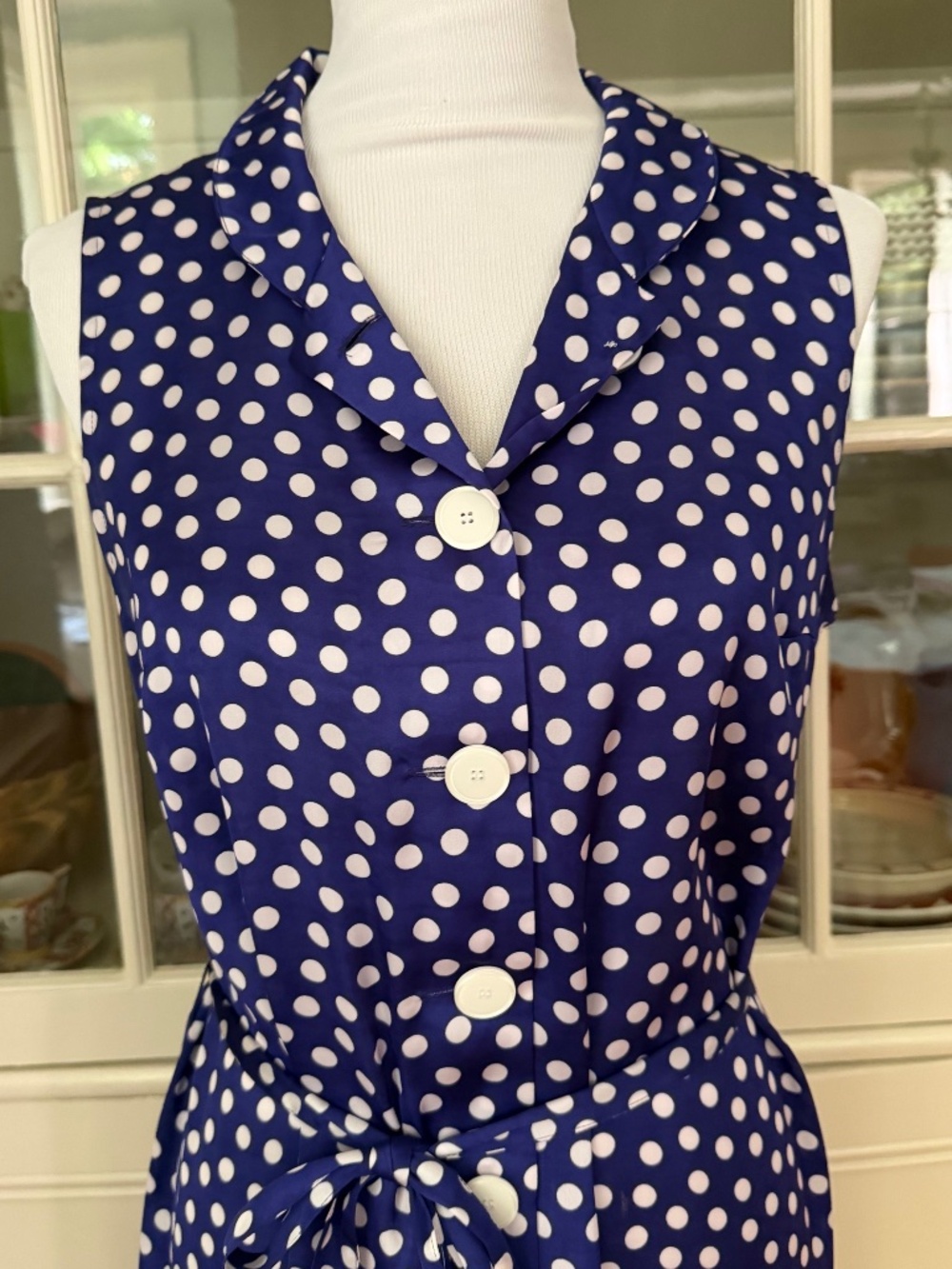 Agnes B. Blue & White Polka Dot Silk Dress, Size 42/US 10, Button Down, Sash - Picture 2 of 8